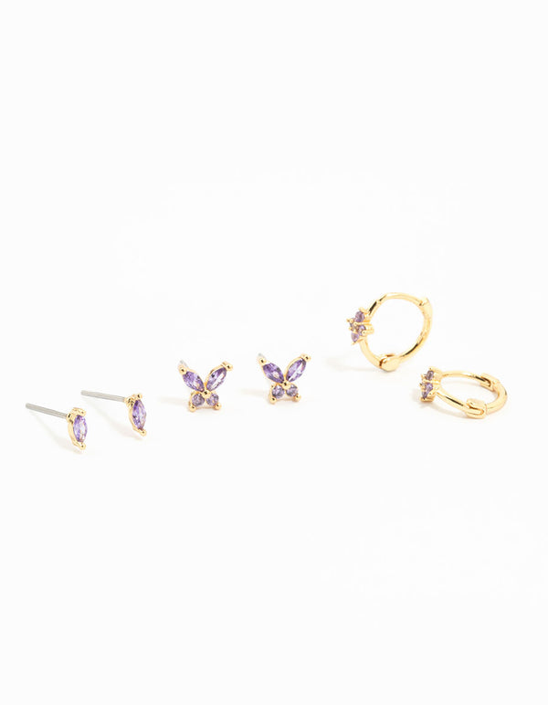 Gold Plated Purple Cubic Zirconia Butterfly Earrings 3-Pack