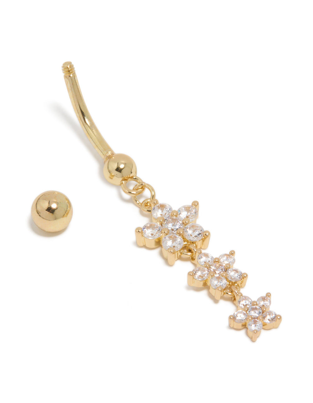 Showcasing a floral charm belly with cubic zirconia stones, surgical steel crafted in gold plated finish detail view