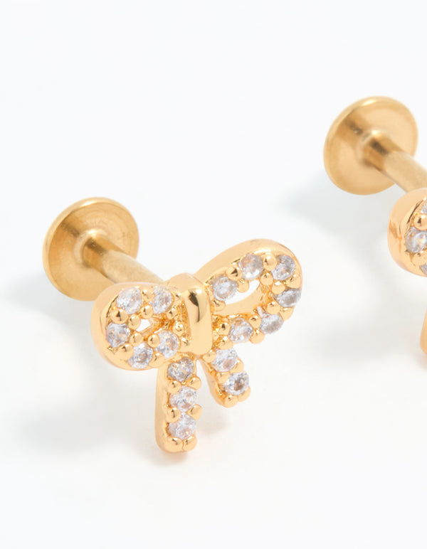 Gold Plated Surgical Steel Cubic Zirconia Pave Bow Flat Back Pair