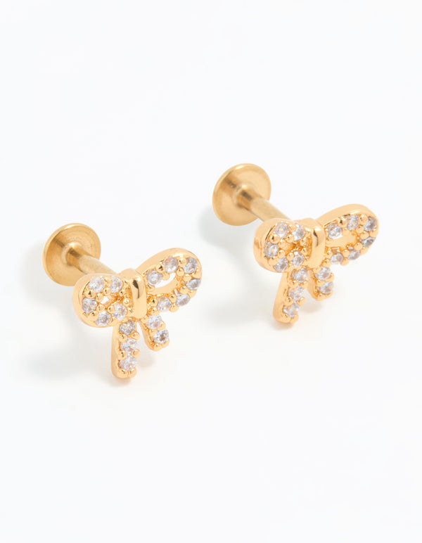 Gold Plated Surgical Steel Cubic Zirconia Pave Bow Flat Back Pair