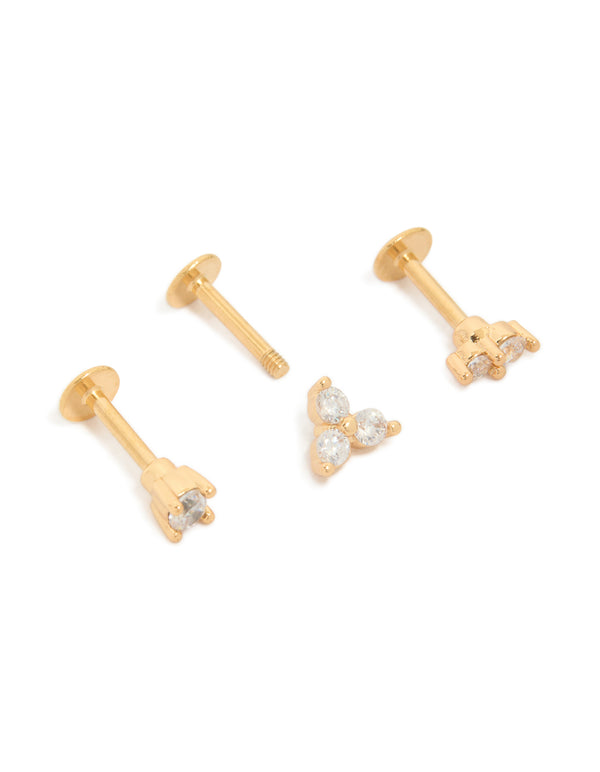 Gold Plated Surgical Steel Cubic Zirconia Round Flat Back Studs 3-Pack