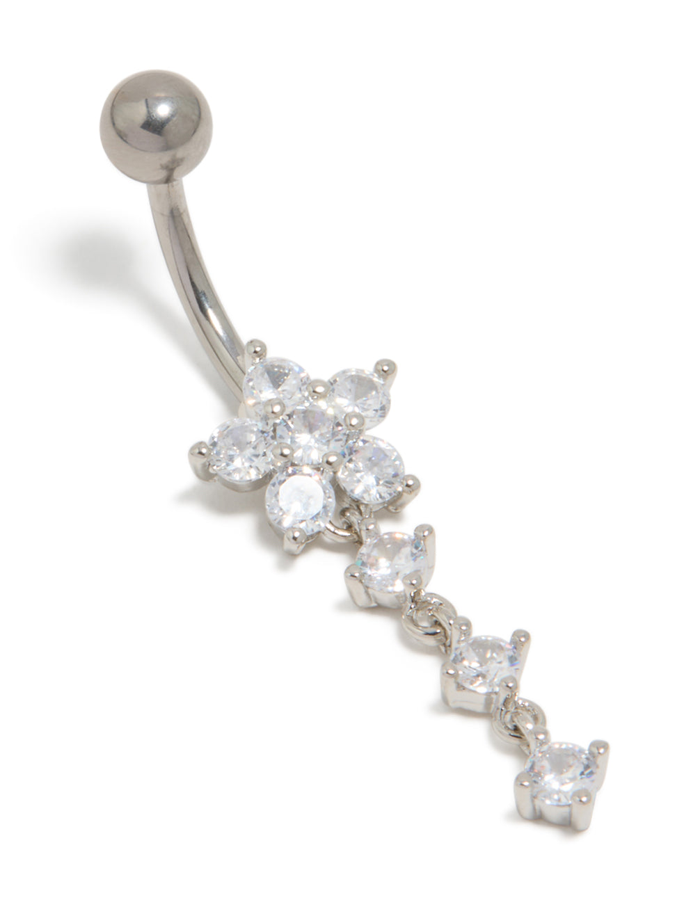Showcasing a titanium belly bar with floral charm featuring round cut cubic zirconia in silver and clear front view