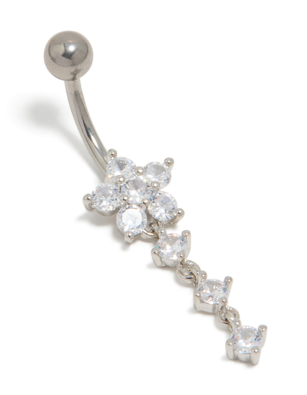 Showcasing a titanium belly bar with floral charm featuring round cut cubic zirconia in silver and clear front view