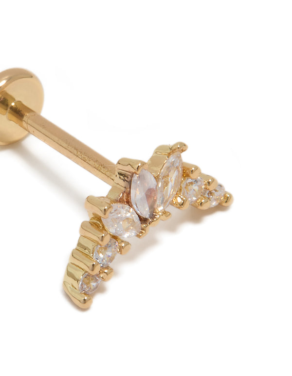 Beautifully designed marquise stone cut threadless single flat back stud crafted from titanium with cubic zirconia featuring crystal in gold close up view