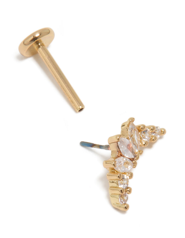 Gold Plated Titanium Cubic Zirconia Marquise Threadless Single Flat Back Stud