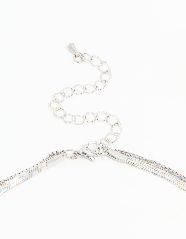 Featuring waterproof stainless steel chain layered necklace in silver clasp detail view
