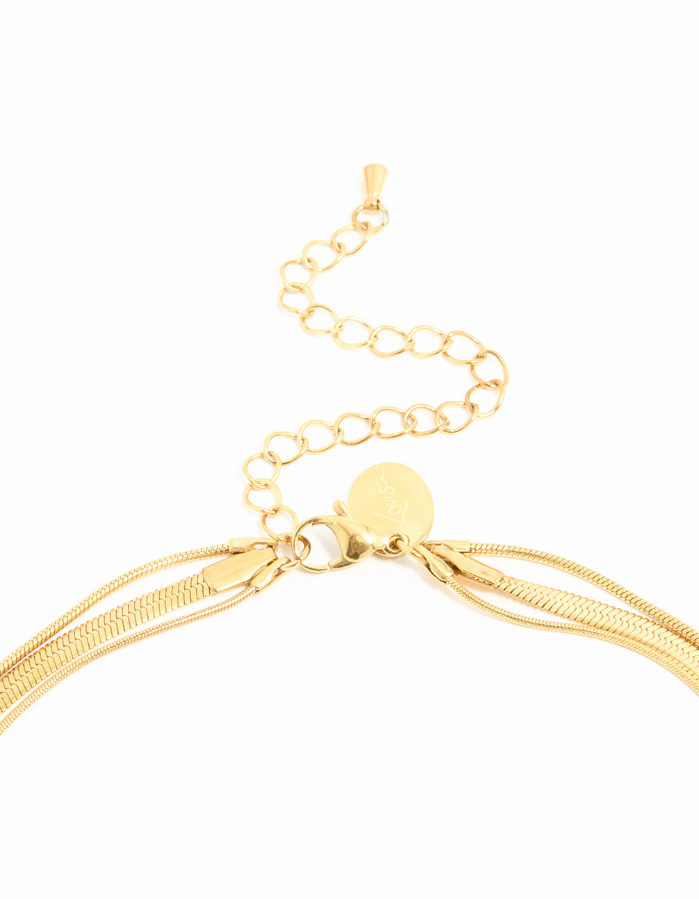 Presenting waterproof gold plated stainless steel chain layered necklace in gold clasp detail view