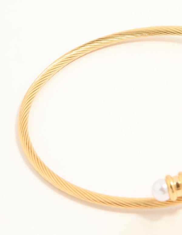 Waterproof Gold Plated Stainless Steel Pearl Twisted Bangle