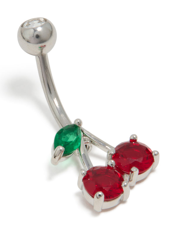Discover this surgical steel belly bar with cubic zirconia cherry fruit in red, green detail view