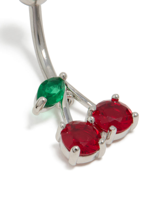 Featuring a surgical steel belly bar crafted from cubic zirconia with cherry fruit featuring in red & green nose view