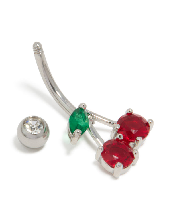 Crafted from surgical steel, this belly bar with cubic zirconia cherry fruit in red and green belly view