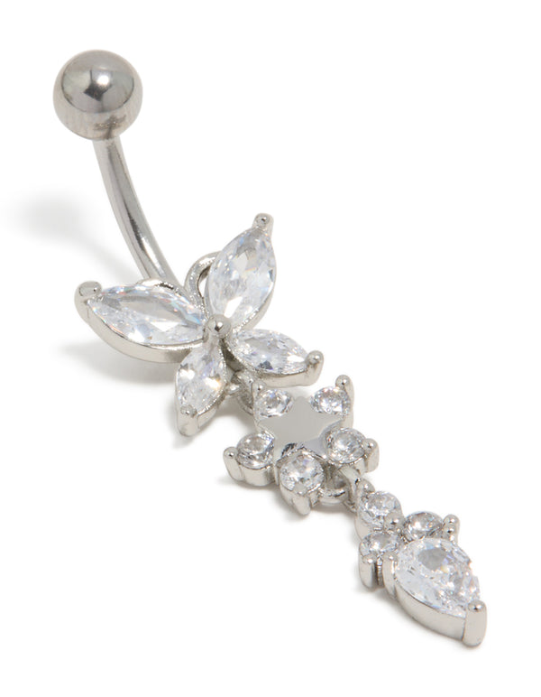 Showcasing a surgical steel cubic zirconia triple flower belly bar with butterfly dainty silver details front view