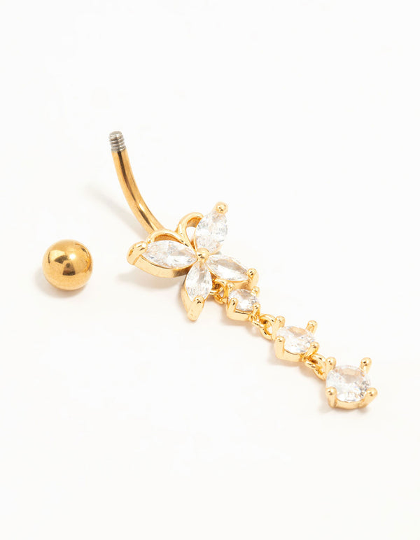 Gold Plated Surgical Steel Cubic Zirconia Butterfly Belly Bar