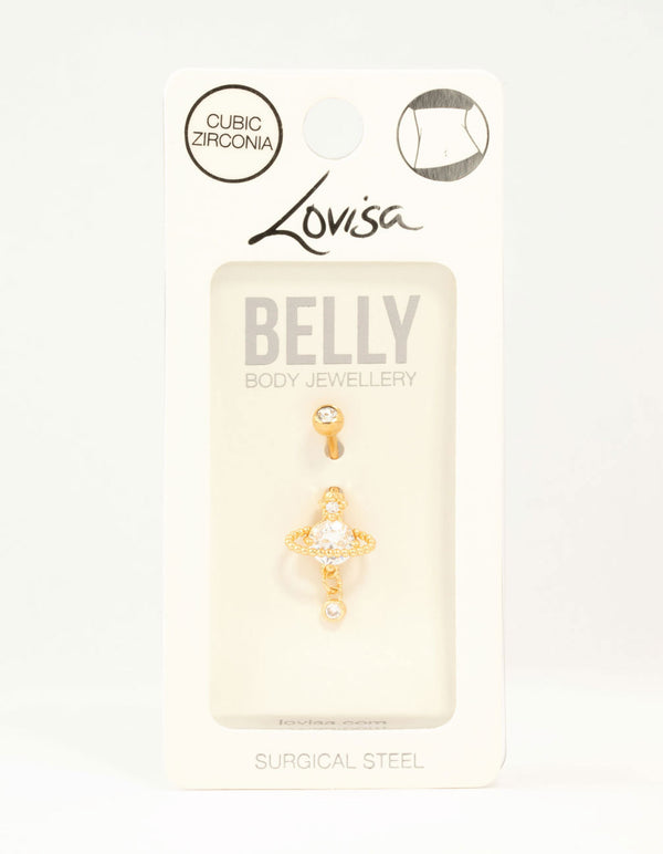 Gold Plated Surgical Steel Cubic Zirconia Planet Belly Bar
