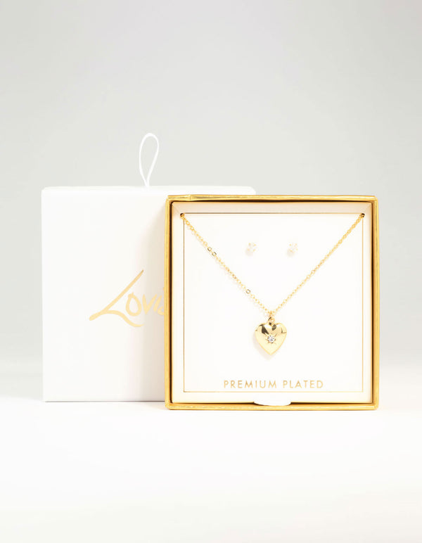 Gold Plated Cubic Zirconia Heart Locket Necklace & Stud Earrings Set