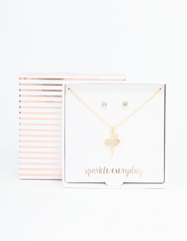 Gold Diamante Ballerina Necklace & Stud Earrings Set