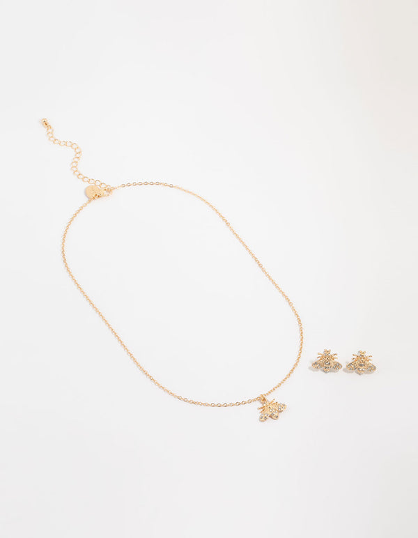 Gold Diamante Bee Necklace & Stud Earrings Set