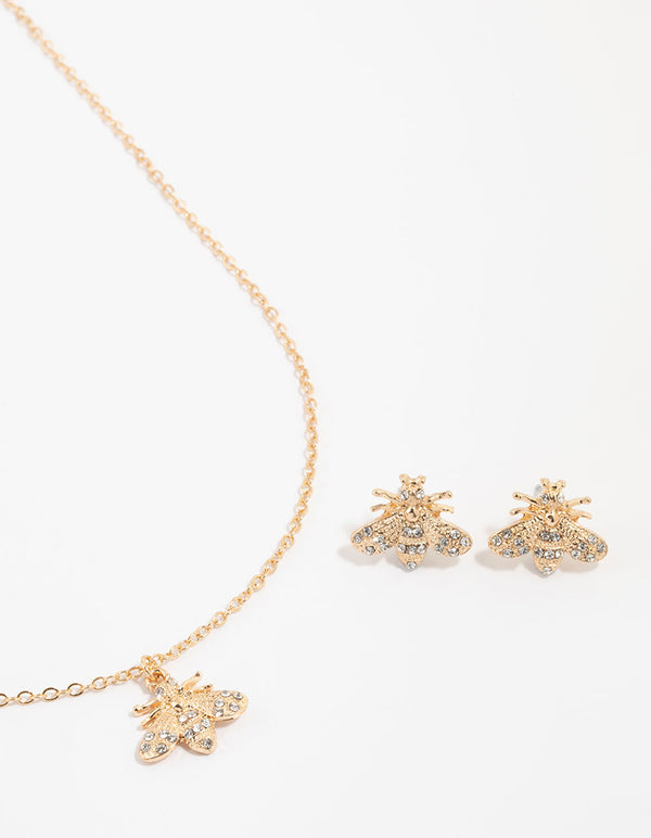 Gold Diamante Bee Necklace & Stud Earrings Set