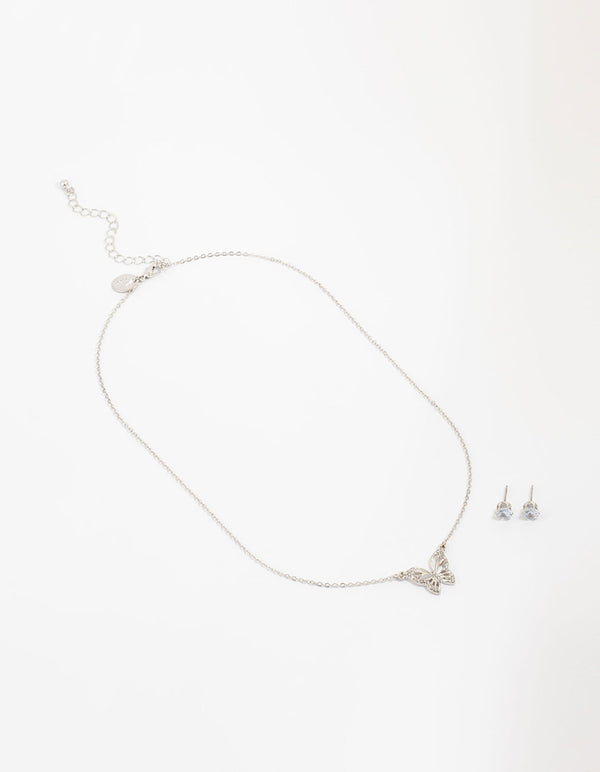 Silver Cubic Zirconia Butterfly Necklace & Stud Earrings Necklace & Stud Earrings Set