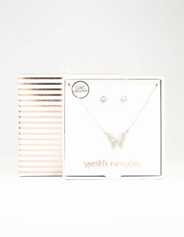 Silver Cubic Zirconia Butterfly Necklace & Stud Earrings Necklace & Stud Earrings Set