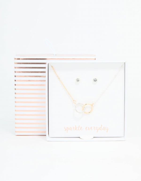 Mixed Metals Linked Circle Necklace & Stud Earrings Set