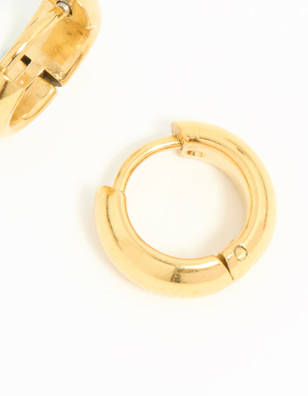 Highlighting waterproof gold plated stainless steel chubby huggie earrings with closure post detail view