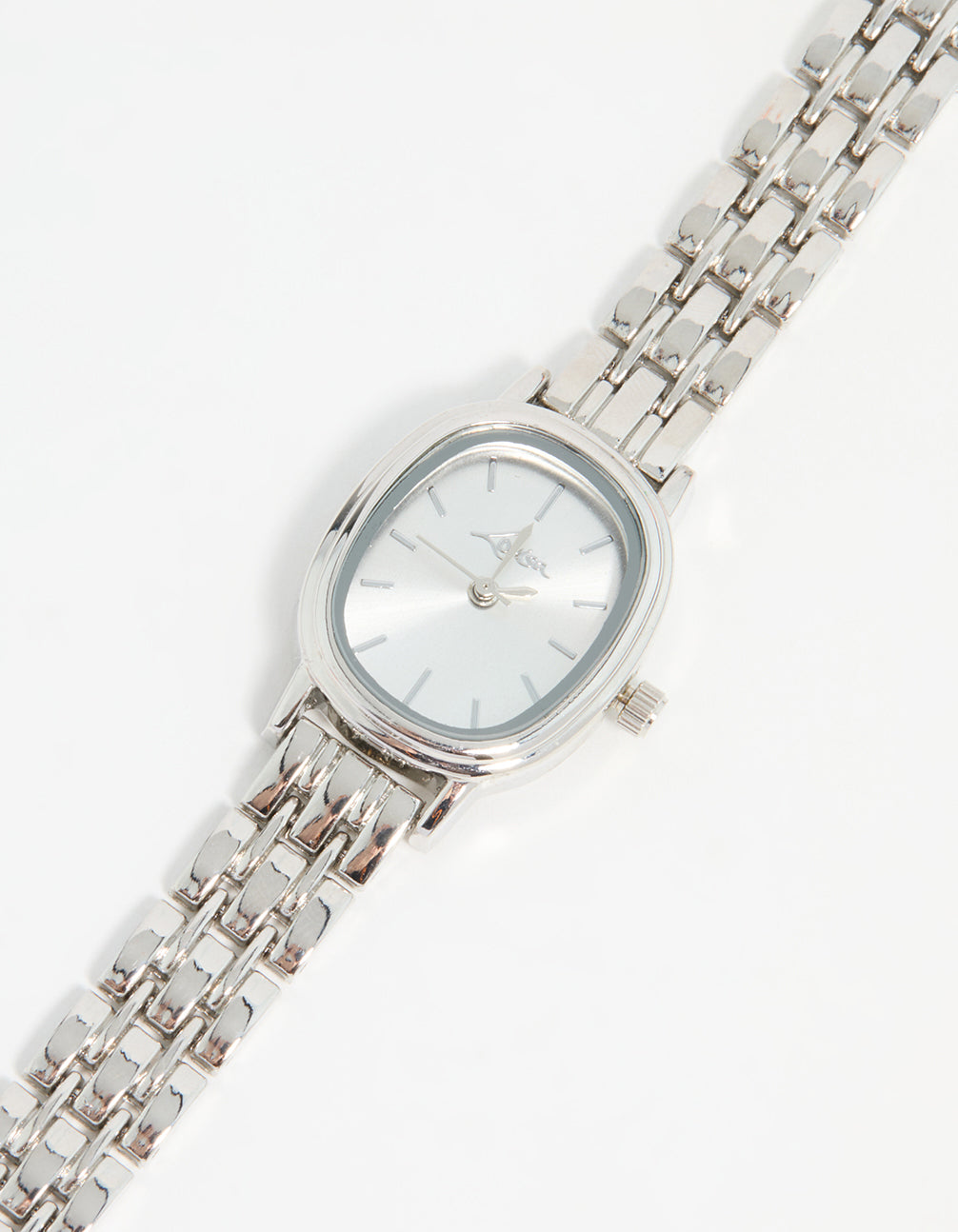 Discover a small oval watch with white dial, women's casual analog design, link band in silver watch face detail view