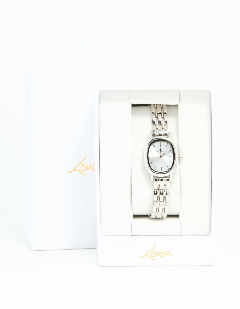 Showcasing a small oval watch with white dial, women's casual analog style, link band in silver case detail view