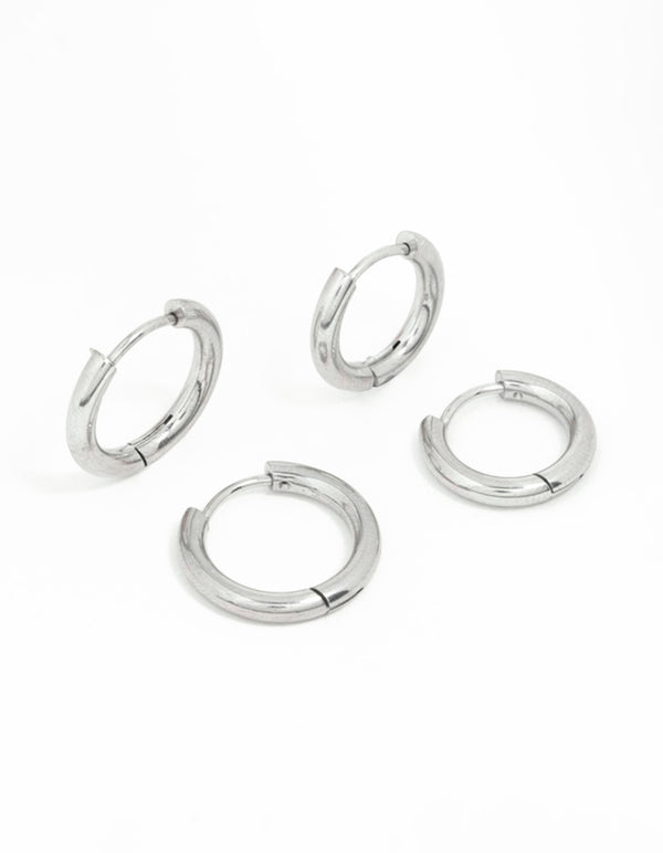 Presenting surgical steel thick hoop earrings in a 2-pack with silver hoop closure front view