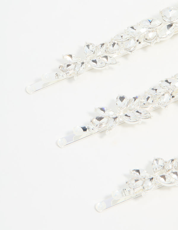 Silver Diamante Leafy Hair Slides 3-Pack