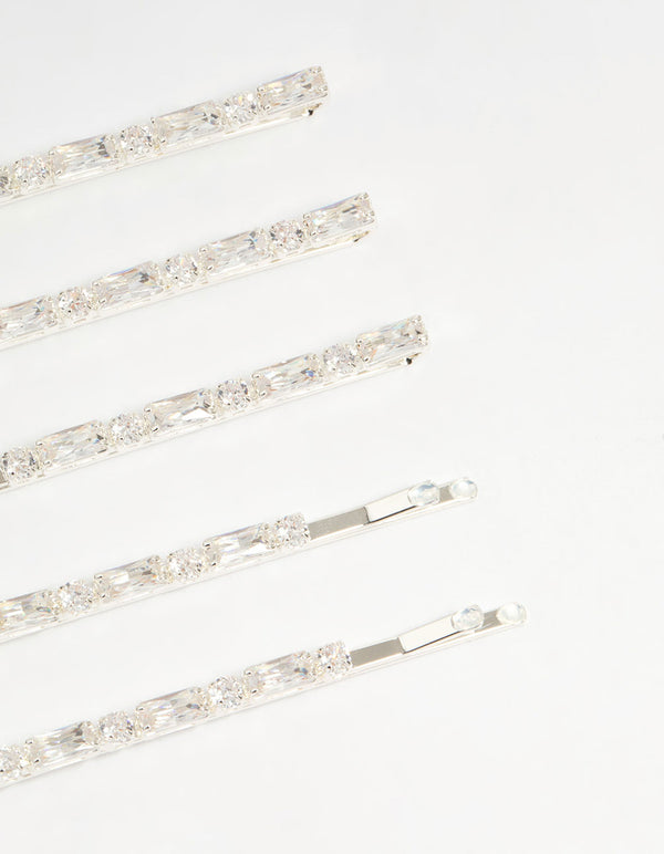 Silver Diamante Baguette & Round Hair Slides 5-Pack