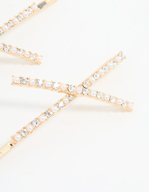 Gold Acrylic & Pearl Crossover Hair Slides 2-Pack