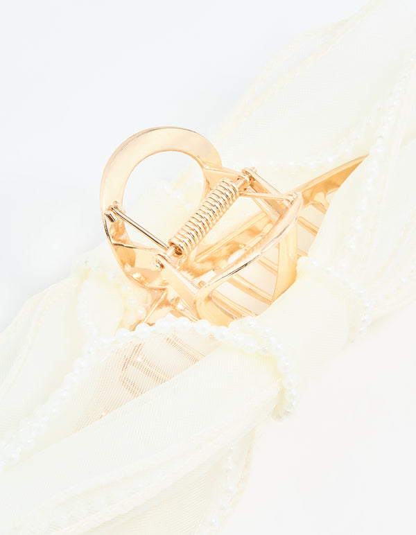 White Organza Fabric & Pearl Bow Claw Clip