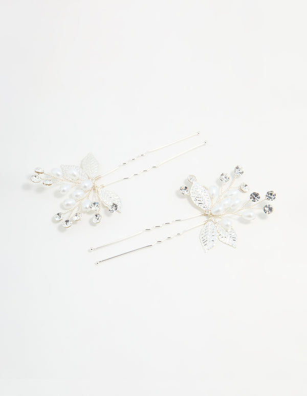 Silver Leaf Pearl & Diamante Bobby Pins 2-Pack