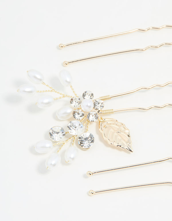 Gold Diamante Flower & Pearl Bobby Pins 3-Pack