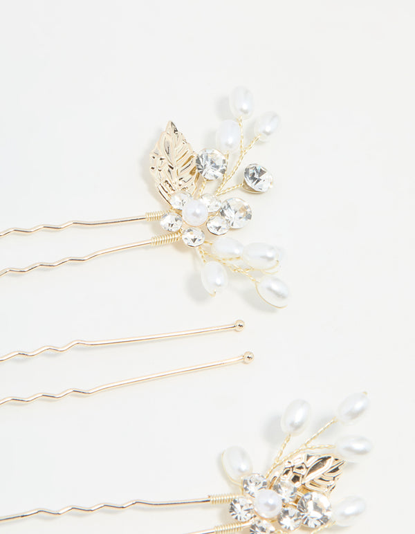 Gold Diamante Flower & Pearl Bobby Pins 3-Pack