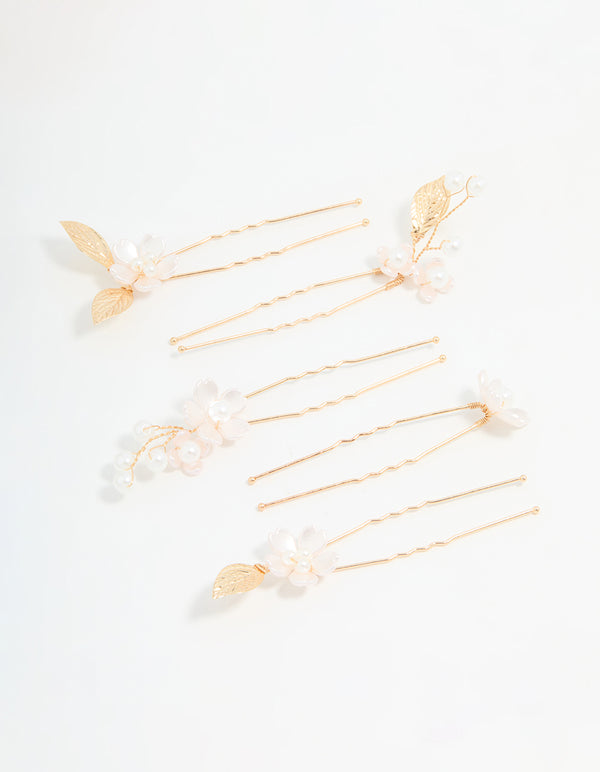 Gold Wire Flower Pearl Hair Pins 5-Pack