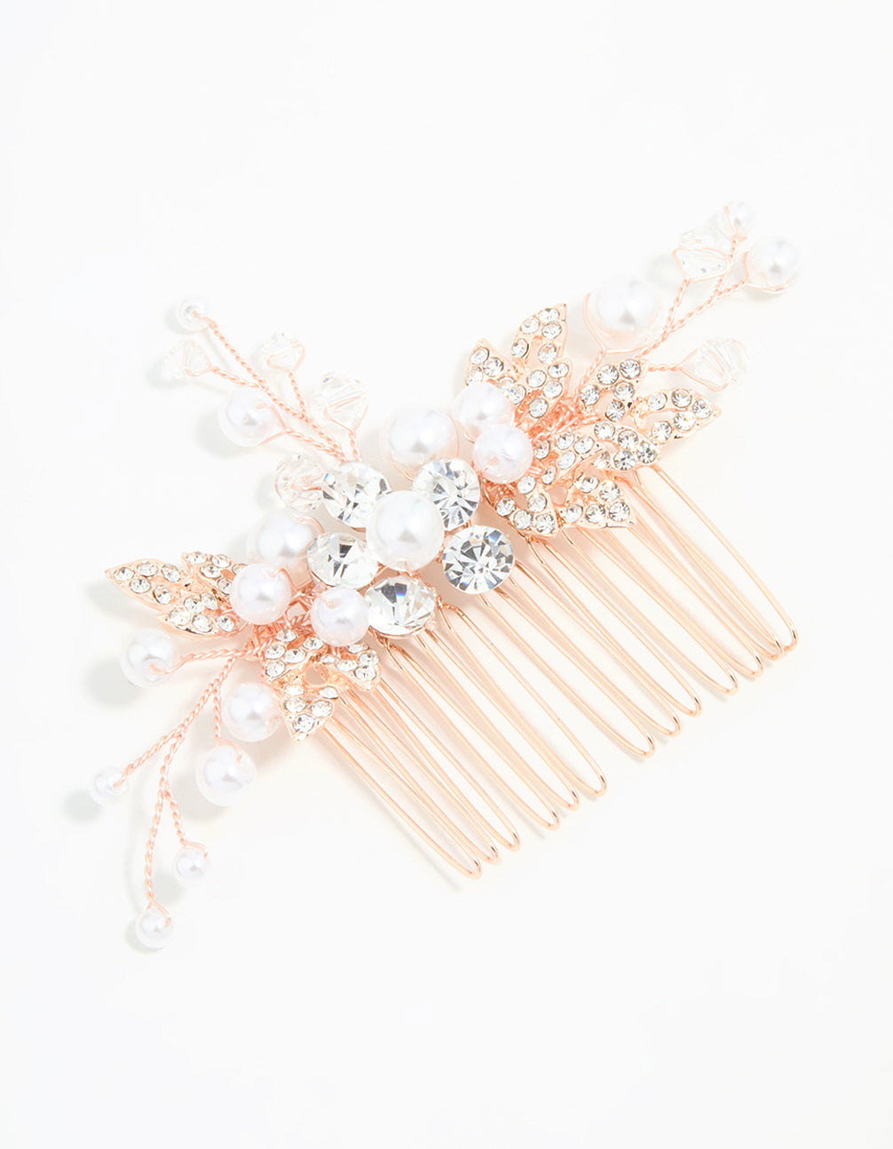 Rose Gold Diamante & Pearl Leaf Hair Comb