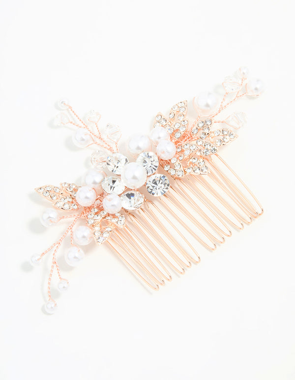 Rose Gold Diamante & Pearl Leaf Hair Comb