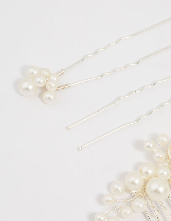 Silver Pearl Cluster Mixed Hair Comb & Pins 5-Pack