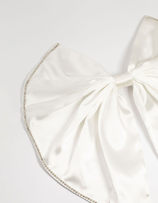 White Fabric Diamante Edge Cascading Bow Clip