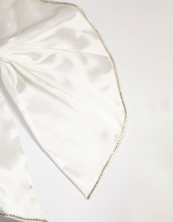 White Fabric Diamante Edge Cascading Bow Clip