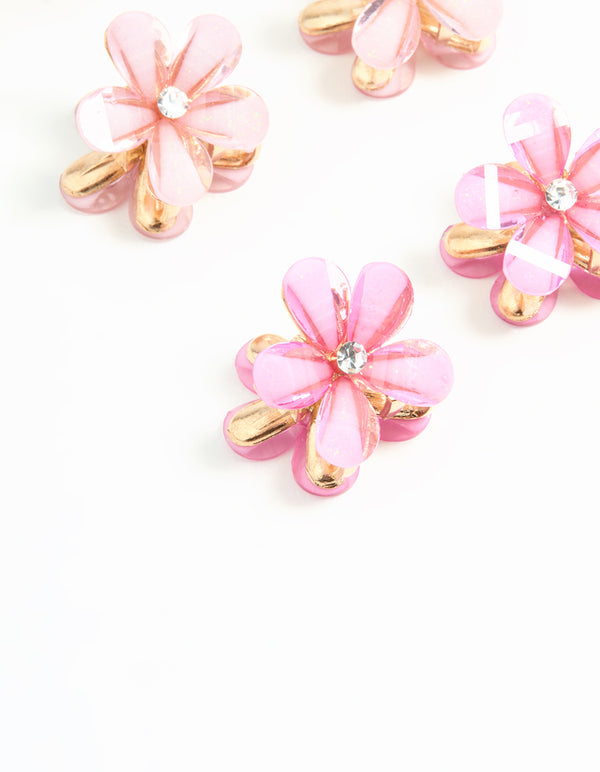Gold Pink Diamante Mini Flower Claw Clips 6-Pack