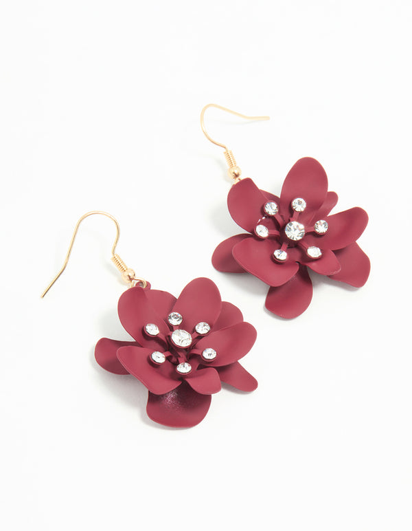 Gold Burgundy Flower Diamante Drop Earrings