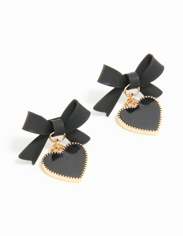 Gold Black Coated Metal Bow Drop Heart Stud Earrings