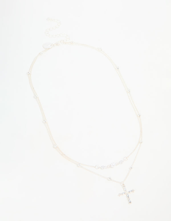 Silver Beaded Diamante Cross Layered Necklace