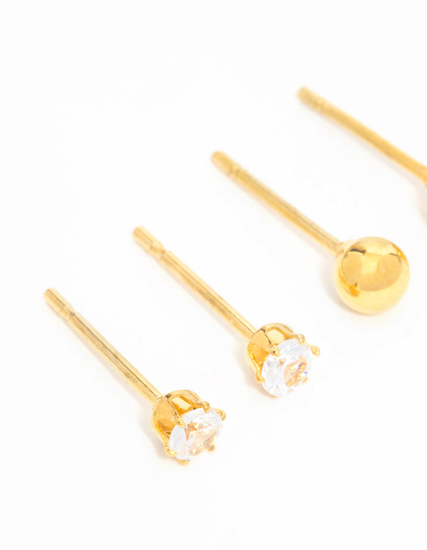 Gold Plated Surgical Steel Small Pearl & Cubic Zirconia Stud Earrings 3-Pack