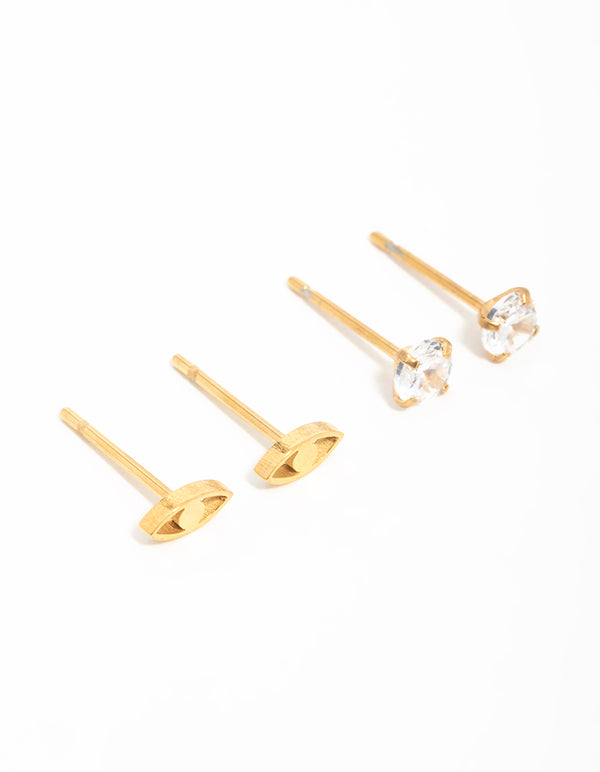 Gold Plated Surgical Steel Cubic Zirconia Eye Stud Earrings 2-Pack