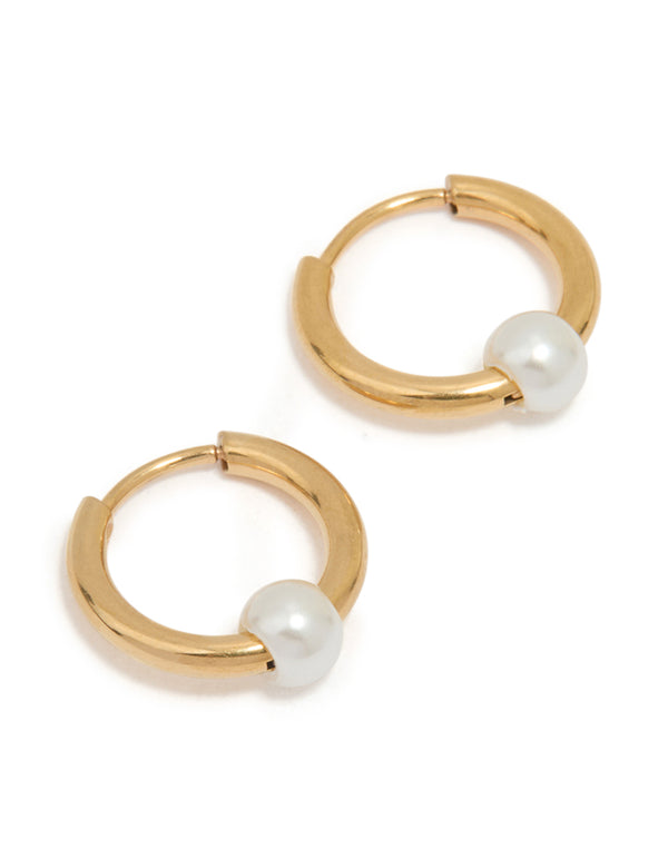 Gold Plated Surgical Steel Pearl Huggie Earrings