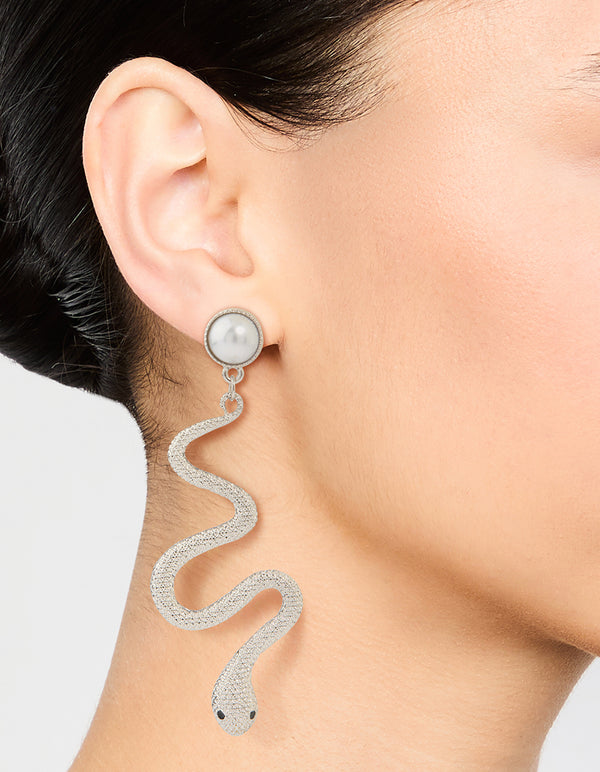 Silver Pearl Snake Drop Earrings
